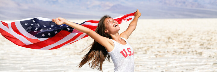 USA flag American Asian athlete woman screaming of joy after game success waving and cheering at outdoor landscape summer nature banner panoramic.