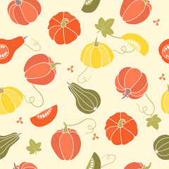 Seamless pattern with pumpkins, leaves. Colorful illustration, vector of vegetarian food. Autumn background with vegetables. Decorative wallpaper suitable for printing, textiles.