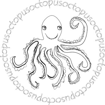Decorative contour vector funny doodle cartoon octopus in round text frame