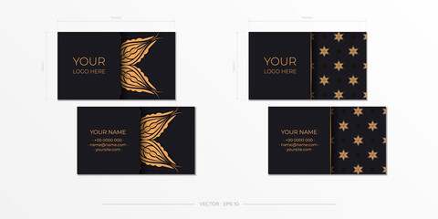 Business card with gold mandala and monogram on black background. Vector illustration.