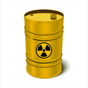 Toxic, radioactive waste. Yellow iron barrel isolated on white background.Vector illustration. Isolated Dump, storage. 3D rendering.
