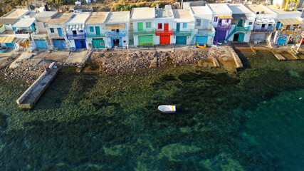 Aerial drone photo of picturesque seaside village of Klima and traditional fishermen settlement...