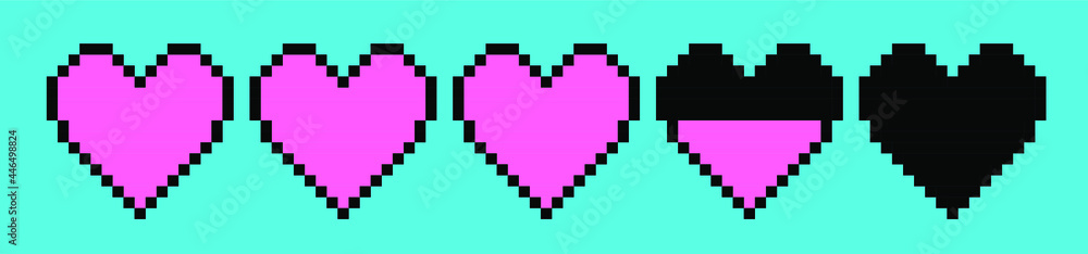 Poster row of pixel hearts representing health or life in the arcade retro games. retrowave style vector il