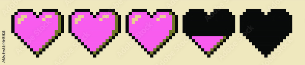 Poster row of pixel hearts representing health or life in the arcade retro games. retrowave style vector il