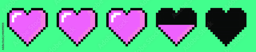 Poster row of pixel hearts representing health or life in the arcade retro games. retrowave style vector il