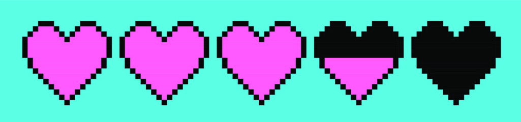 Fototapeta premium Row of pixel hearts representing health or life in the arcade retro games. Retrowave style vector illustration.
