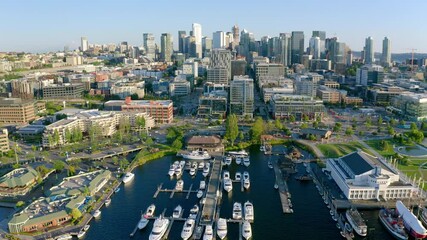 mazing View of Seattle During Golden Hour from Above Coming in From Lake Union Towards Downtown