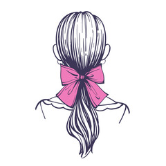 Low ponytail hairstyle with hair bow. Cute female hairstyle with hair accessory. Back view. Hand drawn vector illustration in doodle style isolated on white background.