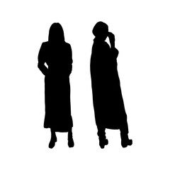 Set of black silhouettes of girls in trench coats for printing on T-shirts, mugs, bags, decor and design. Vector illustration.