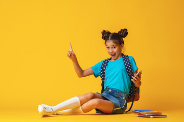 happy smiling teenage girl in loose clothes with a backpack and books is sitting and posing on a yellow background in the studio. The child happily points his finger up. Back to school. copy space