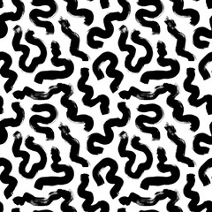 Black paint freehand scribbles vector seamless pattern. Wavy lines and round shapes, dry brush stroke texture. Abstract monochrome wallpaper design, trendy textile print. Wavy and swirled brush stroke