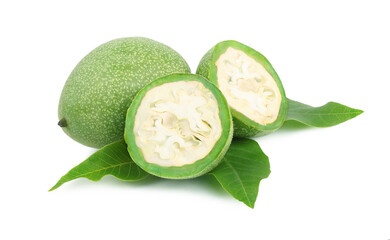 Walnut, green walnut, cut, isolated on a white background