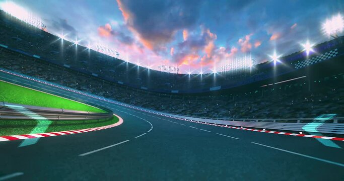 White dashed line on curved asphalt race track with fans on racing stadium. Professional racing sport 4k loop animation.	