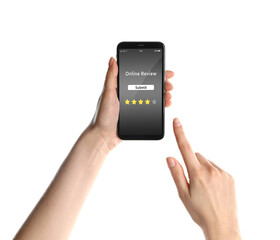 Woman using smartphone to give feedback on white background, closeup. Customer review