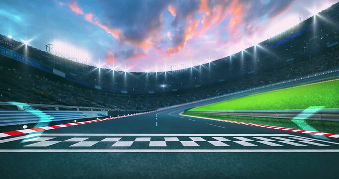 White finish line on asphalt race track with fans on racing stadium. Professional racing sport 4k loop animation.	