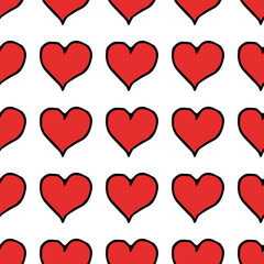 Red hearts pattern. Seamless vector pattern with red hearts. Doodle vector with hearts icons on white background. Vintage hearts pattern, sweet elements background for your project, menu, cafe shop. 