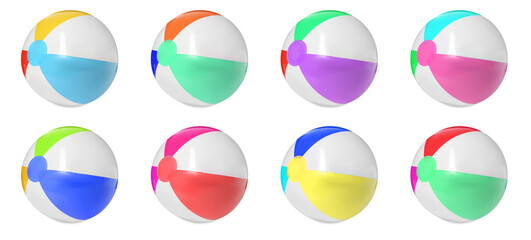 Set with colorful inflatable beach balls on white background