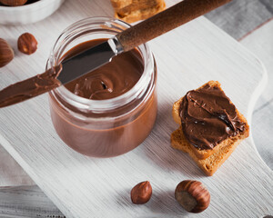 Little Toasts with sweet chocolate spread for breakfast.