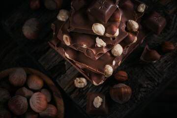Pile of hazelnut milk chocolate and nuts on dark background
