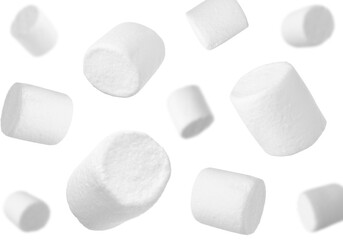 Delicious sweet puffy marshmallows flying on white background