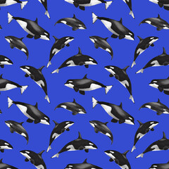 Killer whale on blue seamless pattern