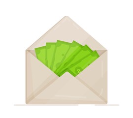 Flat style vector illustration. Opened envelope with money. Dollar bills. Concept of wages, earnings and savings. 
