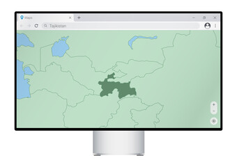 Computer monitor with map of Tajikistan in browser, search for the country of Tajikistan on the web mapping program.