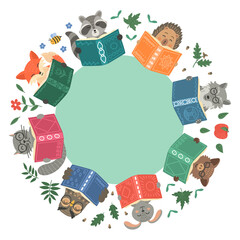 Wreath of animals reading books with place for your text. Cat, hare, fox, owl, rabbit, wolf, boar, racoon, hedgehog. Education, reading concept. 