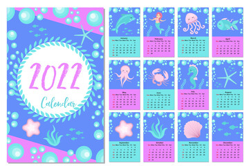 Calendar 2022 Cute set Little mermaid and underwater world. Vector illustration