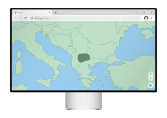 Computer monitor with map of Macedonia in browser, search for the country of Macedonia on the web mapping program.
