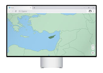 Computer monitor with map of Cyprus in browser, search for the country of Cyprus on the web mapping program.