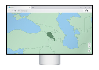 Computer monitor with map of Armenia in browser, search for the country of Armenia on the web mapping program.
