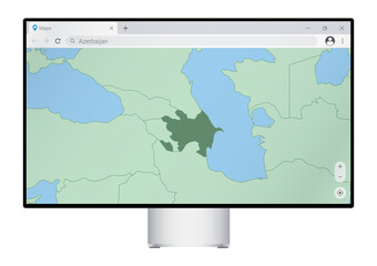 Computer monitor with map of Azerbaijan in browser, search for the country of Azerbaijan on the web mapping program.