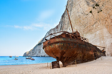 Shipwreck bay zakynthos, beach ship in Greece