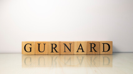 The name Gurnard was created from wooden letter cubes. Seafood and food.