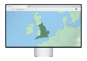 Computer monitor with map of England in browser, search for the country of England on the web mapping program.