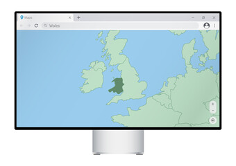 Computer monitor with map of Wales in browser, search for the country of Wales on the web mapping program.
