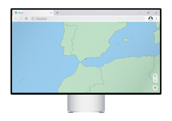 Computer monitor with map of Gibraltar in browser, search for the country of Gibraltar on the web mapping program.