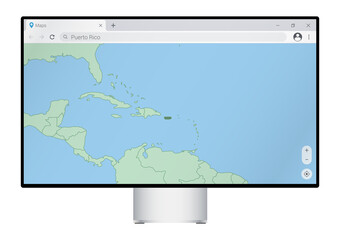 Computer monitor with map of Puerto Rico in browser, search for the country of Puerto Rico on the web mapping program.