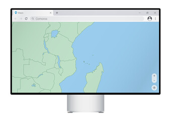 Computer monitor with map of Comoros in browser, search for the country of Comoros on the web mapping program.