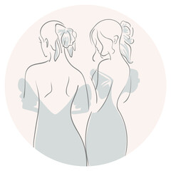 Continuous line drawing. Women standing back. Soft color vector illustration