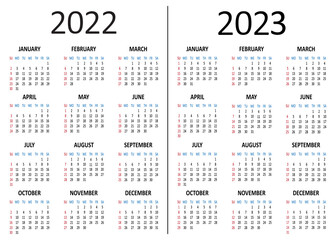 American calendar 2022 2023 years. Week starts from Sunday. Vector illustration