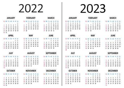 American calendar 2022 2023 years. Week starts from Sunday. Vector illustration