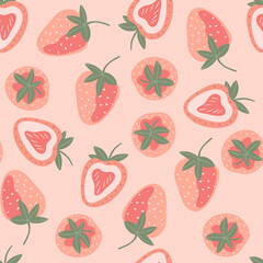 seamless pattern with strawberries on pink background in doodle style, vector illustration