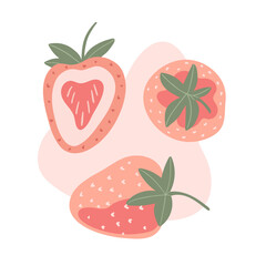 set of vector illustrations with strawberries on a pink background in doodle style
