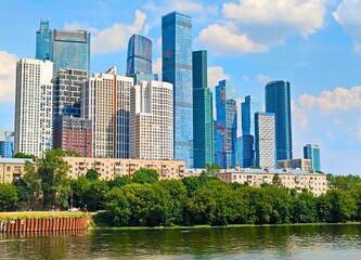 Russia, Moscow-City, sky, view, beautiful, tower, skyscraper, river, water, clouds, high resolution, close up