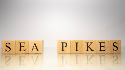The name Sea pikes was created from wooden letter cubes. Seafood and food.
