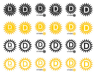 Set vitamin d icons. Sun with symbol D3. Vector signs.