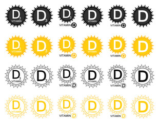 Set vitamin d icons. Sun with symbol D3. Vector signs.