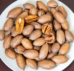 Pecan nuts ( Carya illinoinensis ) on white plate with closed focus in square frame. Macro closeup